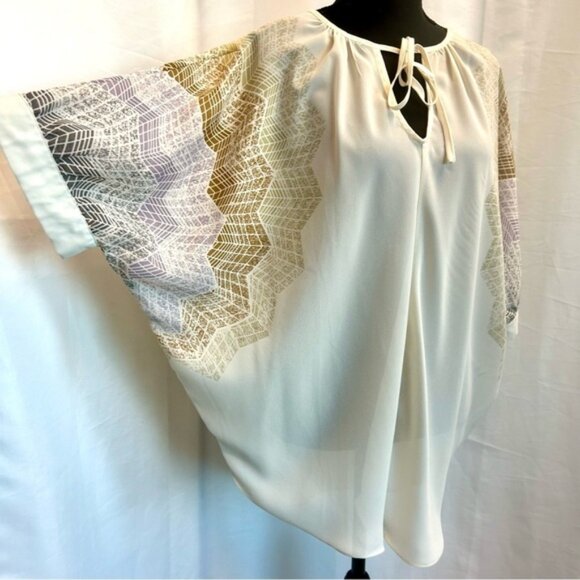 Madison Paige cream web sleeve bat wing front tie blouse semi sheer Sz L - Picture 5 of 15